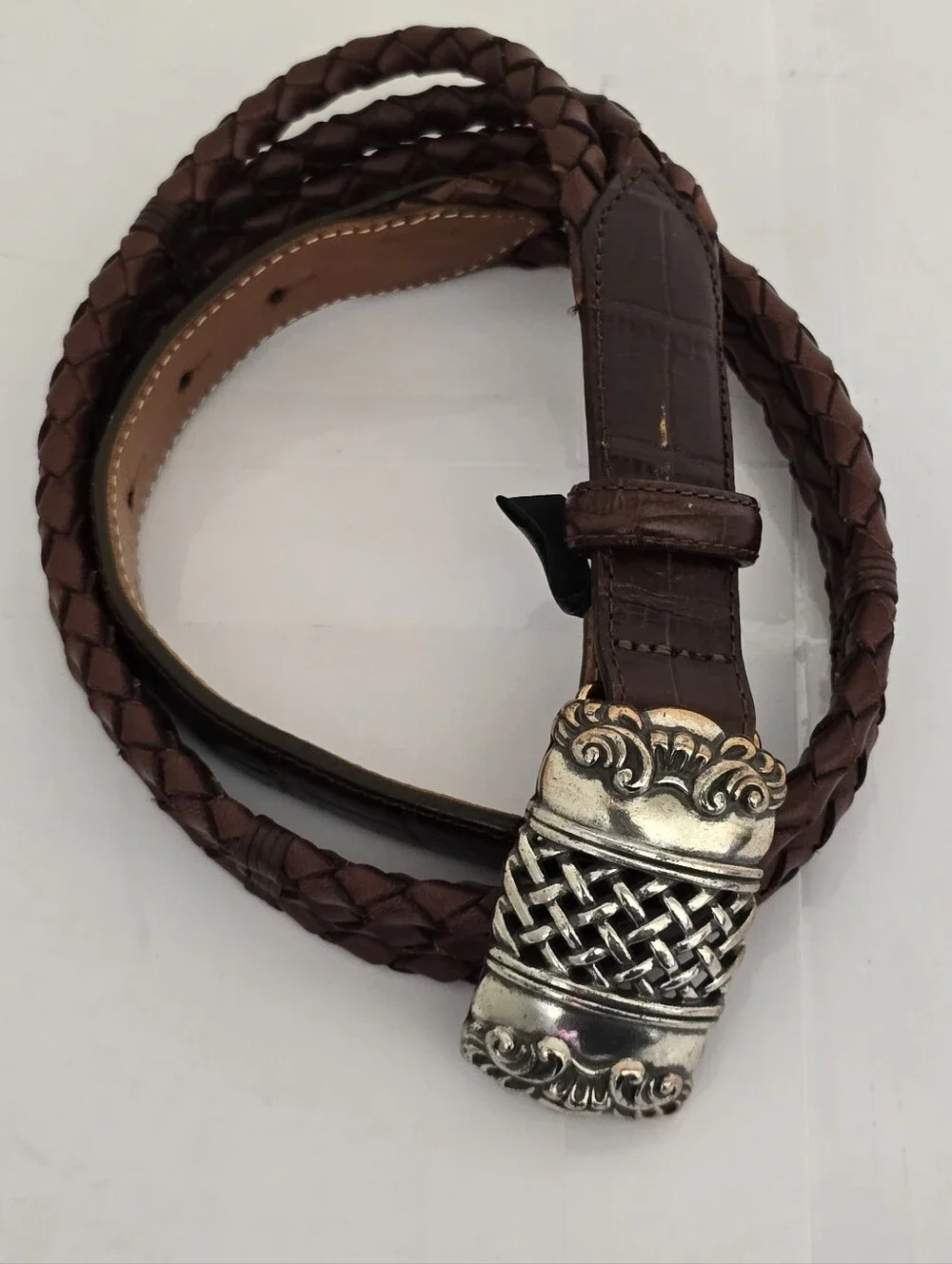 vintage 1995 BRIGHTON size Medium Leather Braided Rope Brown Belt Silver Buckle